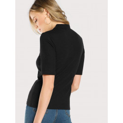 Camiseta de canalé de manga corta con cuello mock Negro